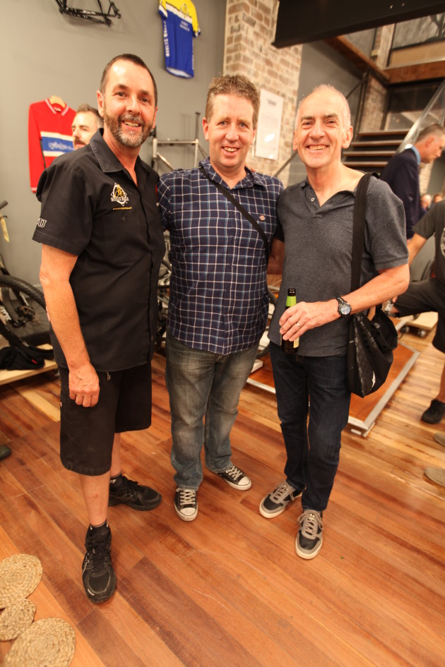 Long-time Wooly&rsquo;s store manager Colin Liddle (left) stayed for the relaunch, but is leaving the store after 22 years for new adventures. He&rsquo;s pictured here with supplier Brett Dutton of Cycling Connections and John Michell of Ashfield Cycles.